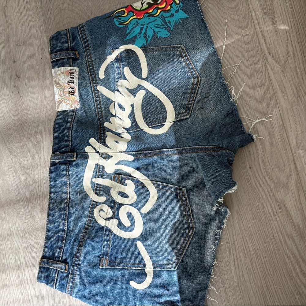 Ed Hardy Blue Jean Shorts with Bold Graphic